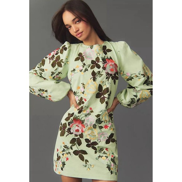 Anthropologie Let Me Be Mini Dress Green Long-Sleeve Embroidered Preppy Sz M NWT - Picture 4 of 15